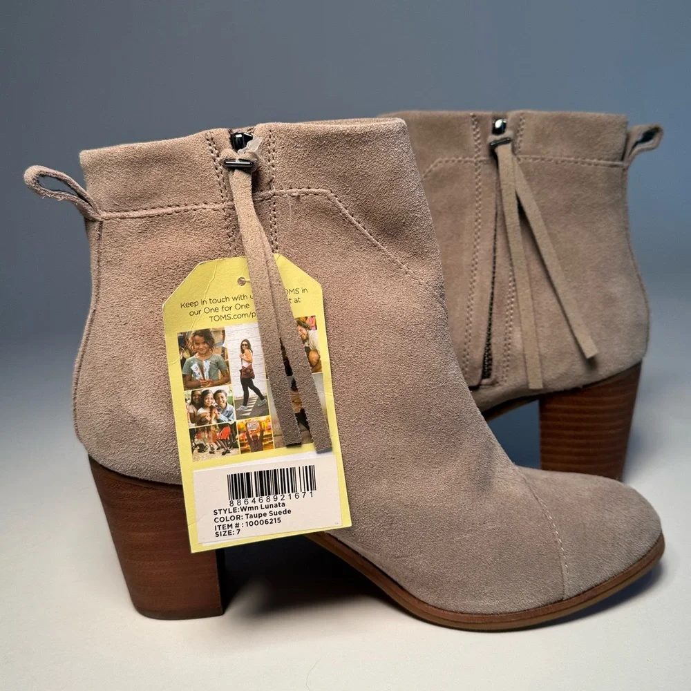 TOMS Lunata Suede Ankle Booties Desert Taupe Tan Block Heel Size 7 Western Boho - Picture 4 of 11